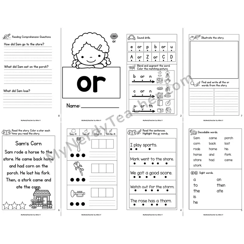 MBooks 21-Page Decodable Phonics Book — or r-controlled with Comprehension Questions