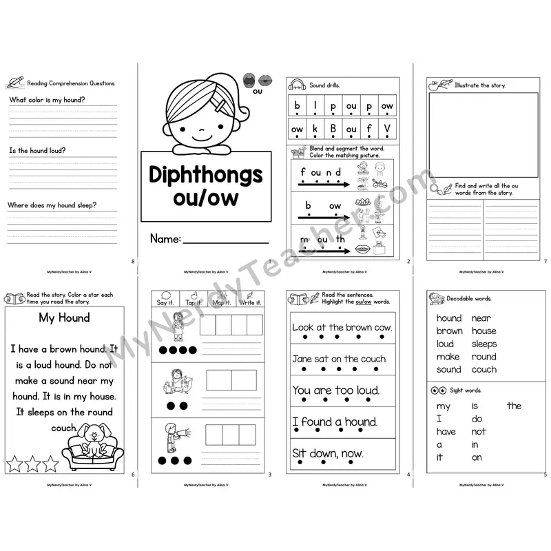 MBooks 21-Page Decodable Phonics Book — ou ow diphthongs with Comprehension Questions