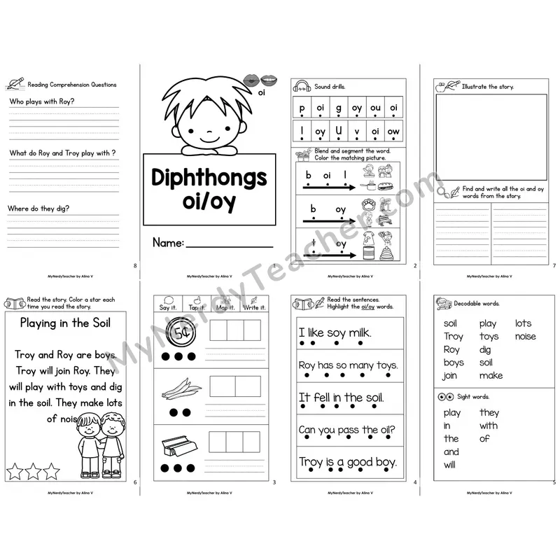 MBooks 21-Page Decodable Phonics Book — oi oy diphthongs with Comprehension Questions