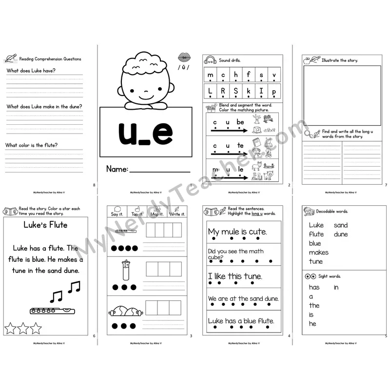 MBooks 21-Page Decodable Phonics Book — u_e long u with Comprehension Questions
