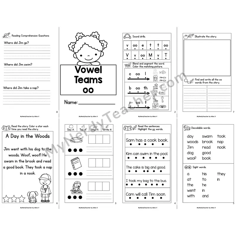 MBooks 21-Page Decodable Phonics Book — oo vowel team with Comprehension Questions