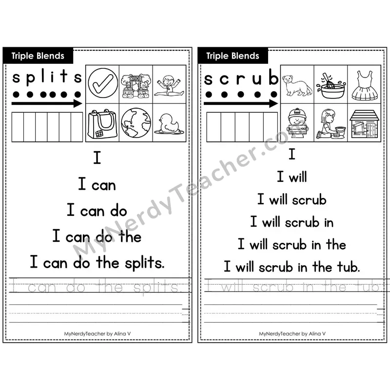 Sentence Pyramid Fluency Page 17 — Triple Blends Read & Trace