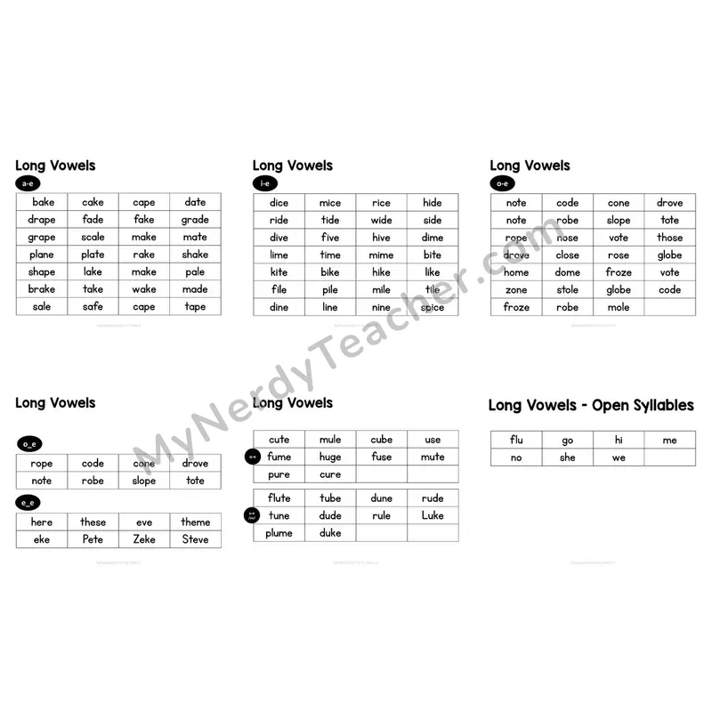 Long Vowels Word List — VCe Patterns & Open Syllables
