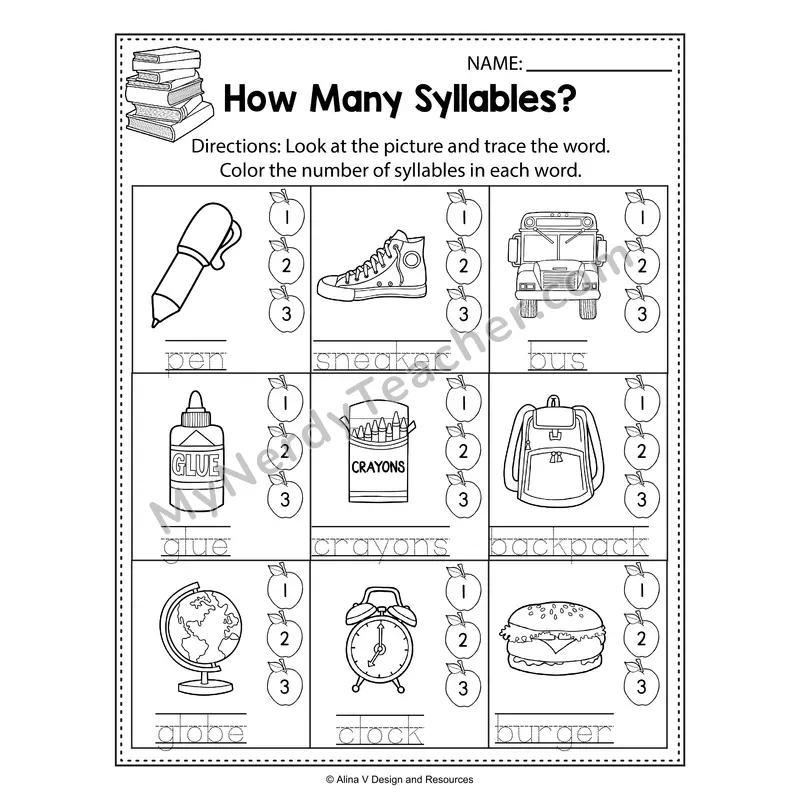 Syllable Counting Worksheet — Back to School Theme