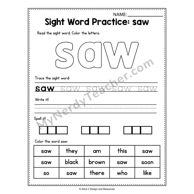 Sight Word Practice Worksheet — saw