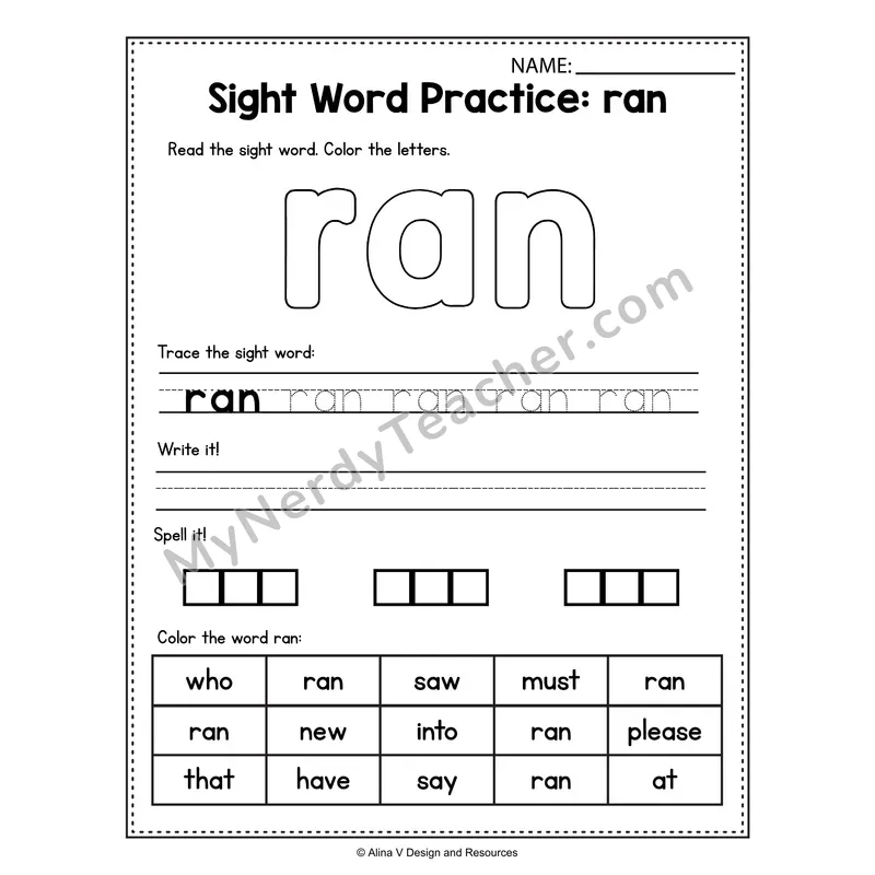 Sight Word Practice Worksheet — ran