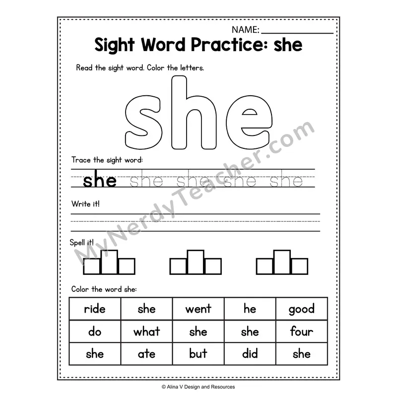 Sight Word Practice Worksheet — she