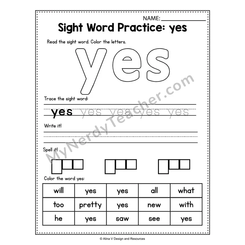 Sight Word Practice Worksheet — yes