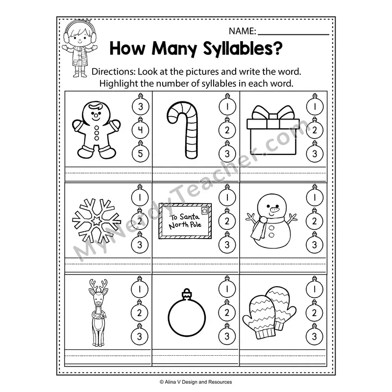 Syllable Counting Worksheet — Christmas Theme