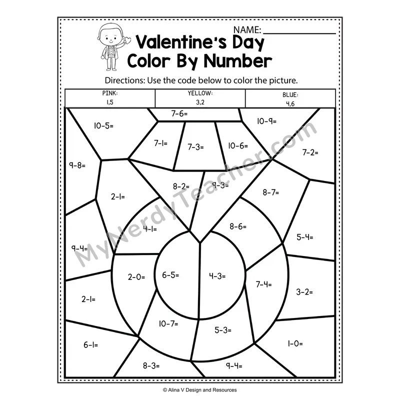 Color By Number Subtraction Within 10 — Valentine's Day Theme