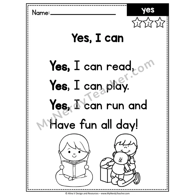 Kindergarten Editable Sight Word Poem — Yes