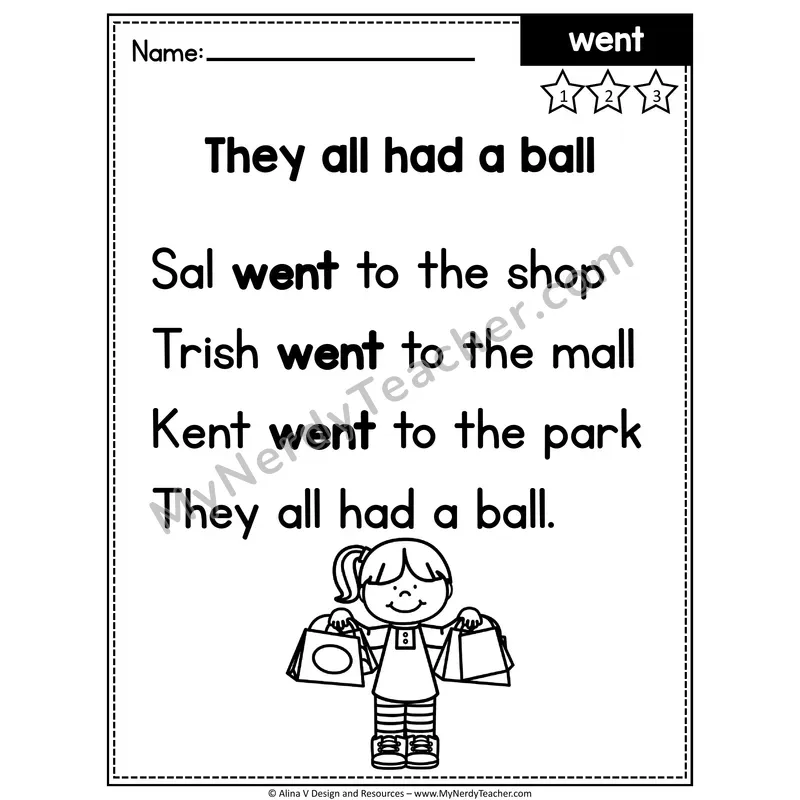Kindergarten Editable Sight Word Poem — Went