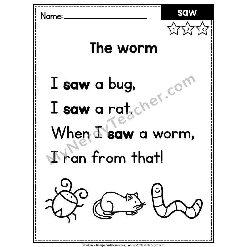 Kindergarten Editable Sight Word Poem — Saw