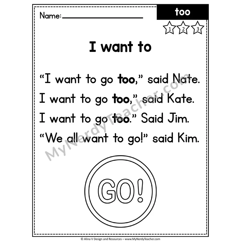 Kindergarten Editable Sight Word Poem — Too