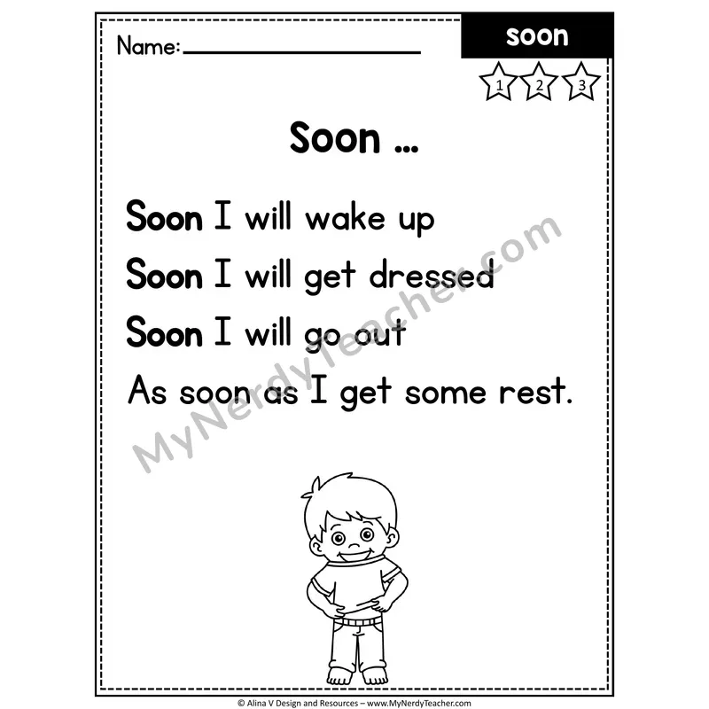 Kindergarten Editable Sight Word Poem — Soon