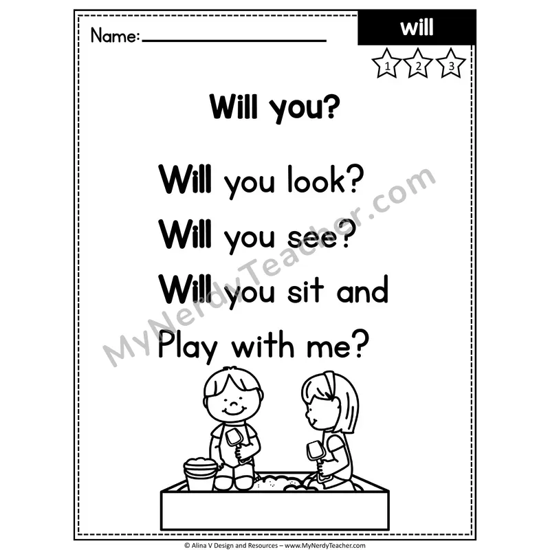 Kindergarten Editable Sight Word Poem — Will