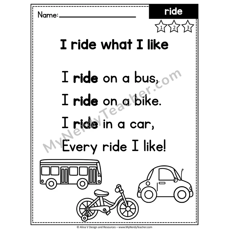 Kindergarten Editable Sight Word Poem — Ride