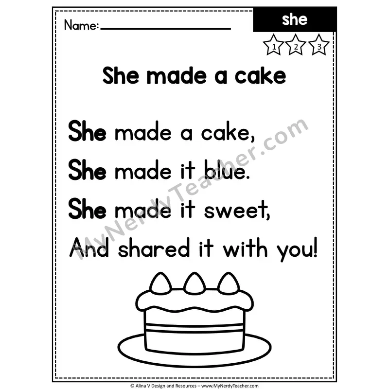 Kindergarten Editable Sight Word Poem — She