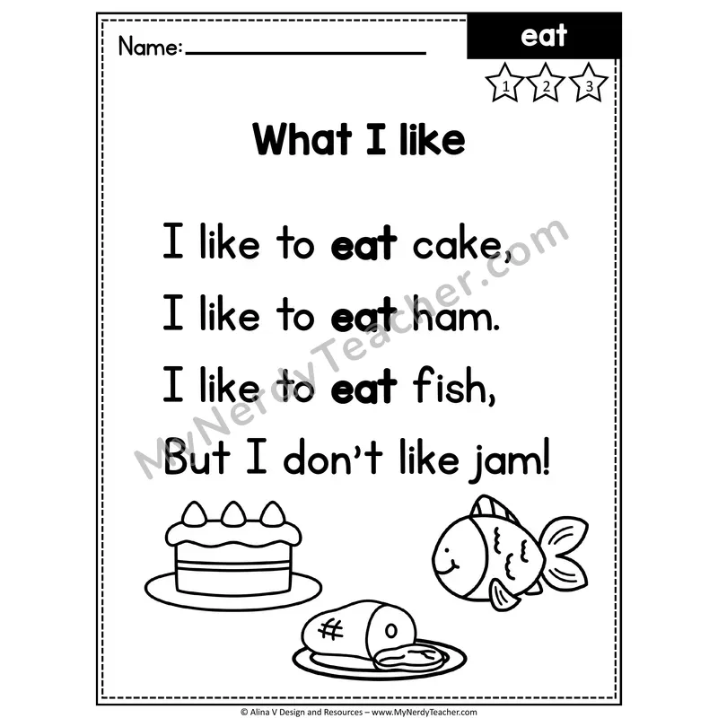 Kindergarten Editable Sight Word Poem — Eat