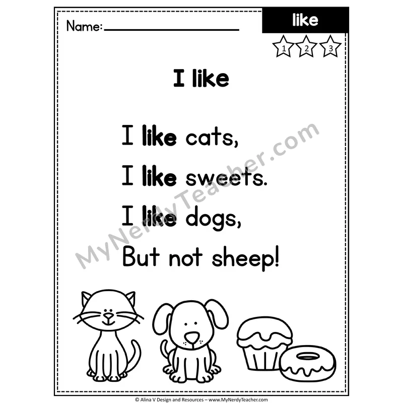 Kindergarten Editable Sight Word Poem — Like