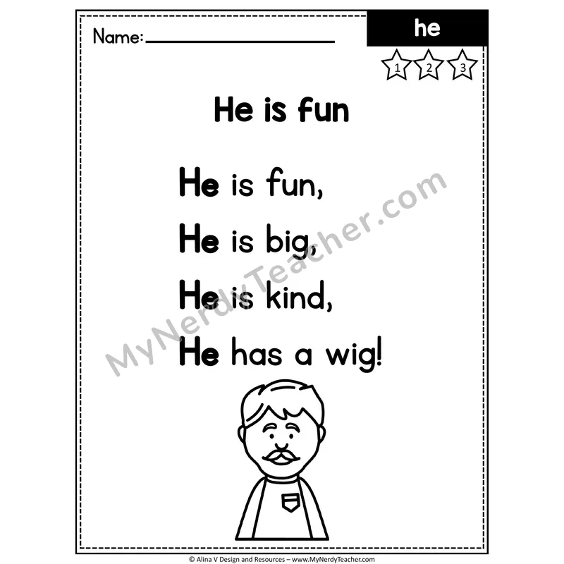 Kindergarten Editable Sight Word Poem — He