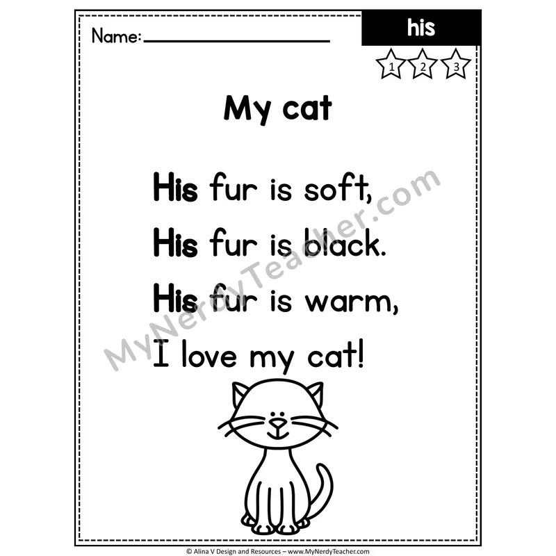 1st Grade Editable Sight Word Poem — His