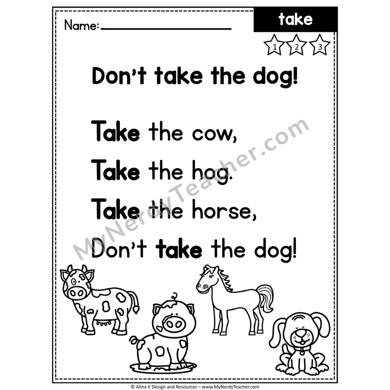 1st Grade Editable Sight Word Poem — Take