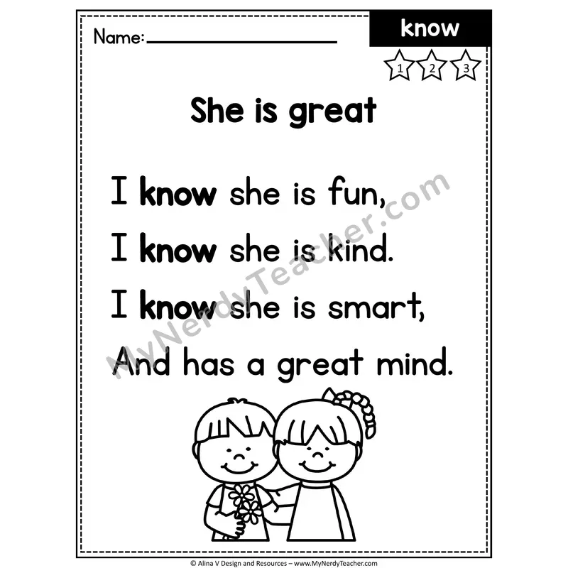 1st Grade Editable Sight Word Poem — Know