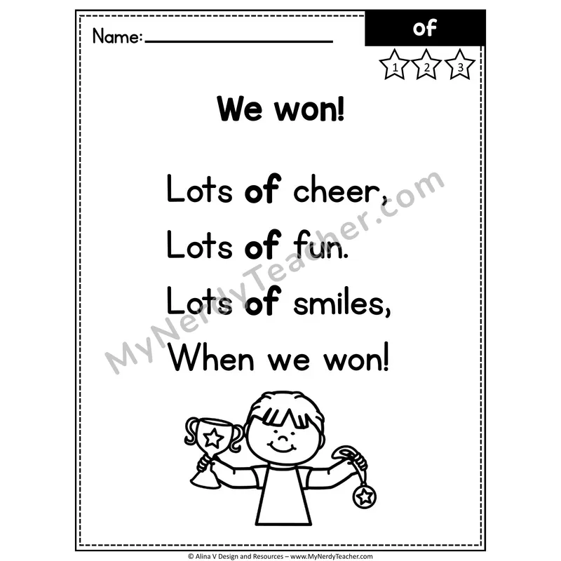 1st Grade Editable Sight Word Poem — Of