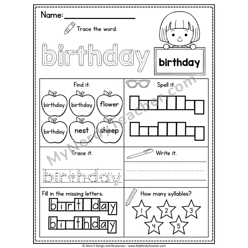 Sight Word Noun Vocabulary Worksheet — Birthday
