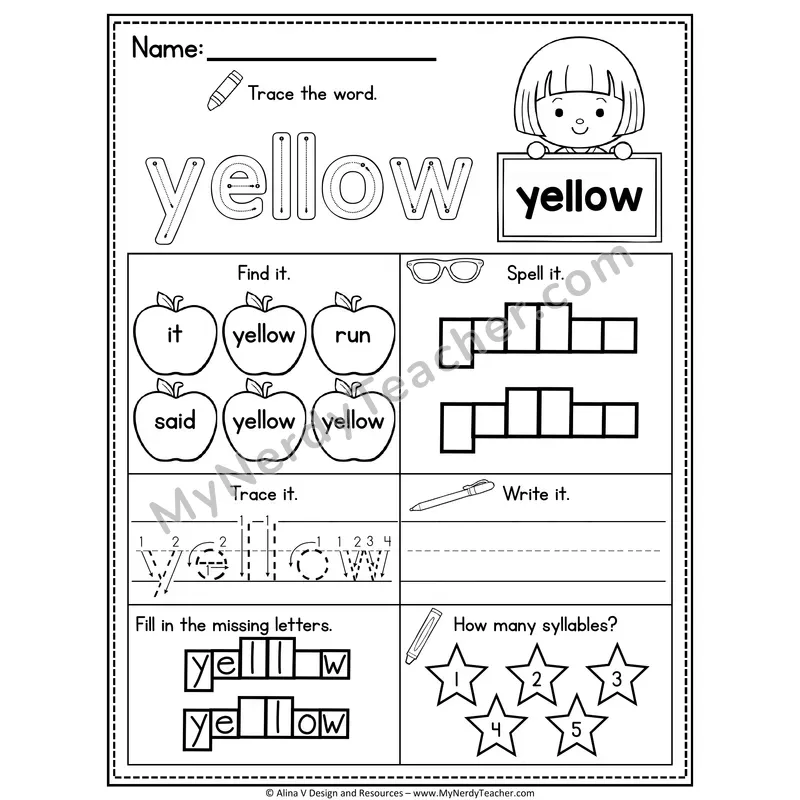 Pre-K Sight Word Worksheet — Yellow