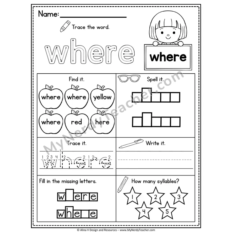 Pre-K Sight Word Worksheet — Where
