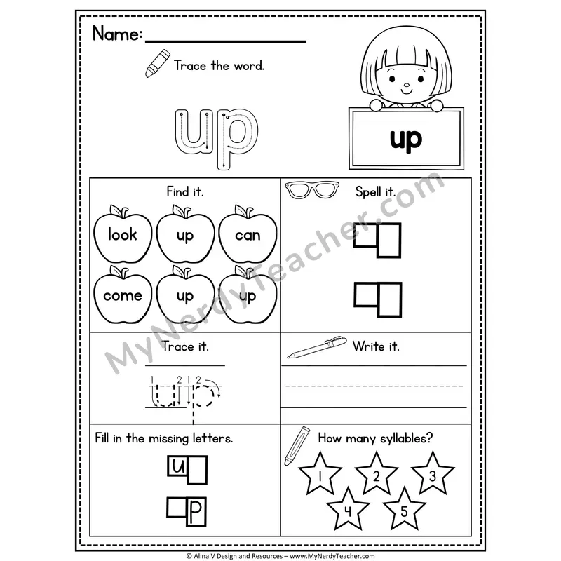 Pre-K Sight Word Worksheet — Up
