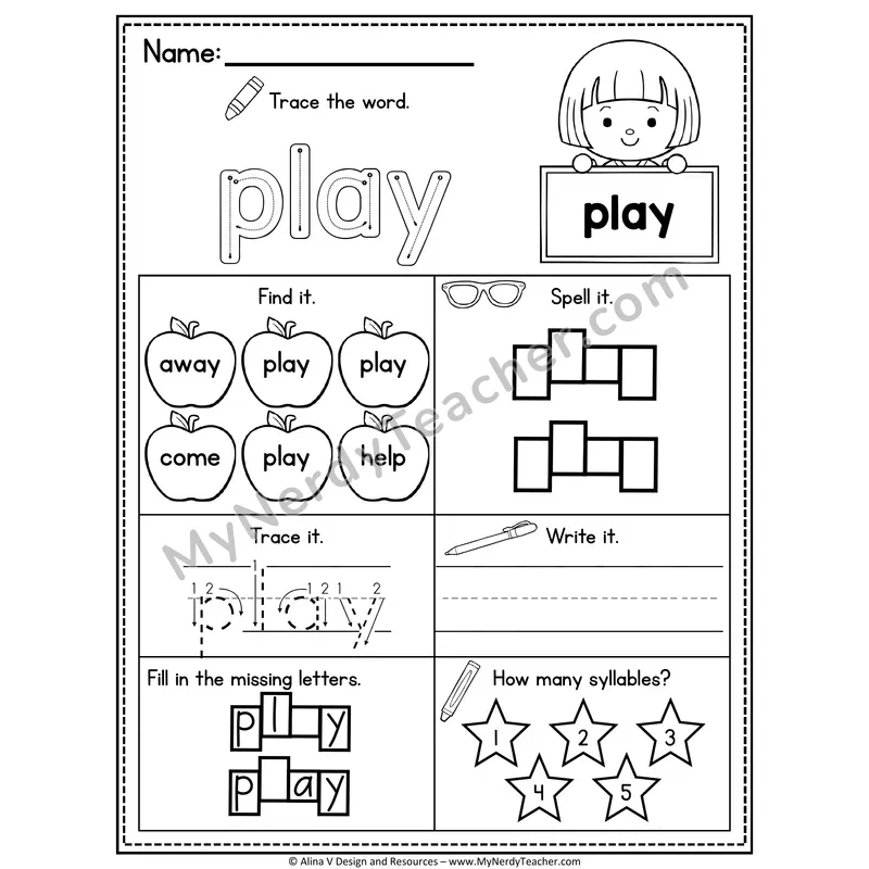 Pre-K Sight Word Worksheet — Play