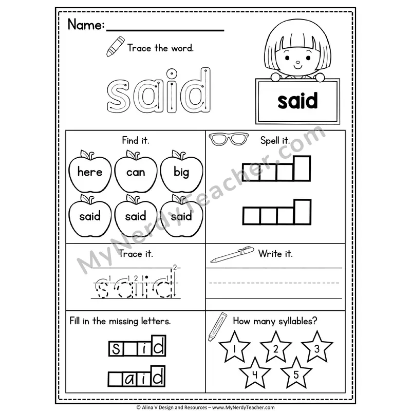 Pre-K Sight Word Worksheet — Said