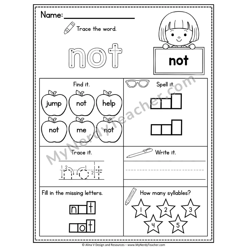 Pre-K Sight Word Worksheet — Not