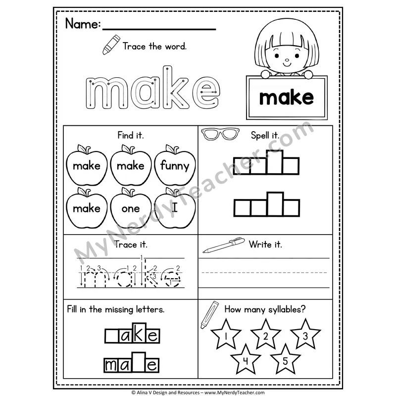 Pre-K Sight Word Worksheet — Make