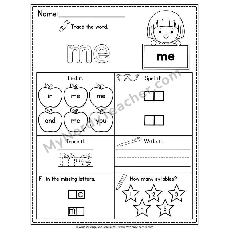 Pre-K Sight Word Worksheet — Me
