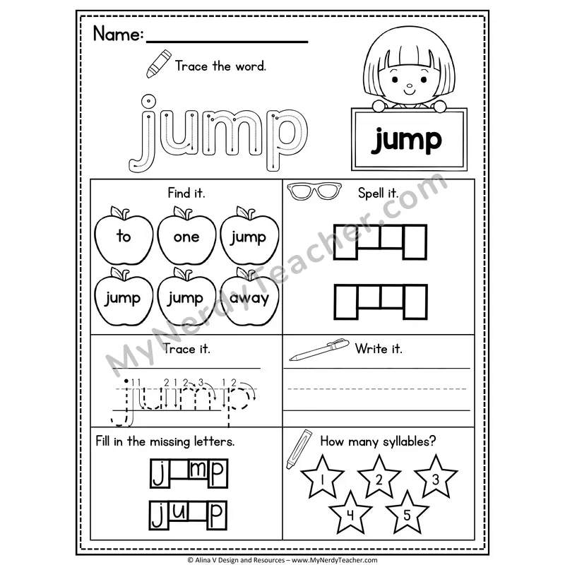Pre-K Sight Word Worksheet — Jump