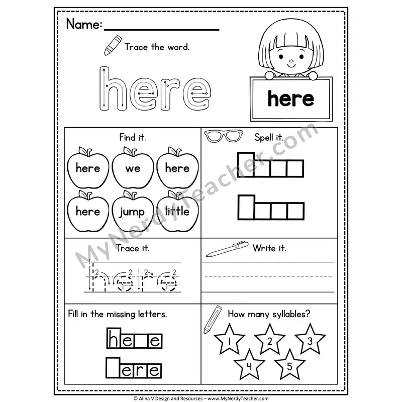 Pre-K Sight Word Worksheet — Here