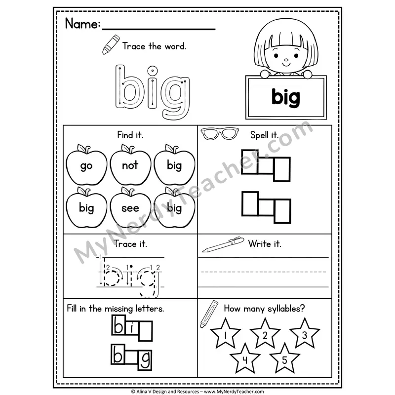 Pre-K Sight Word Worksheet — Big