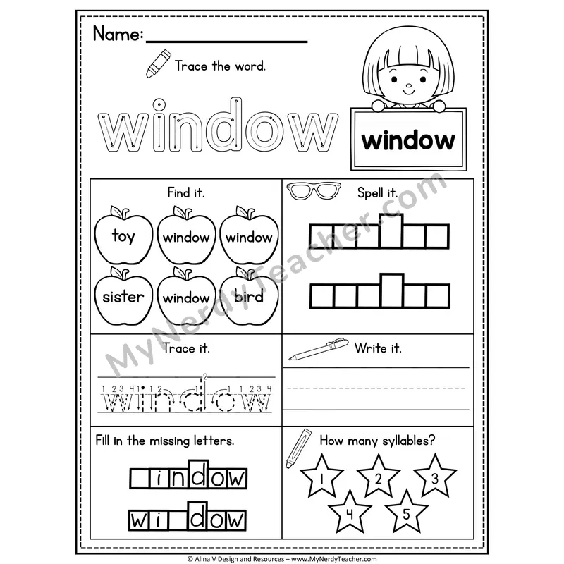 Sight Word Noun Vocabulary Worksheet — Window