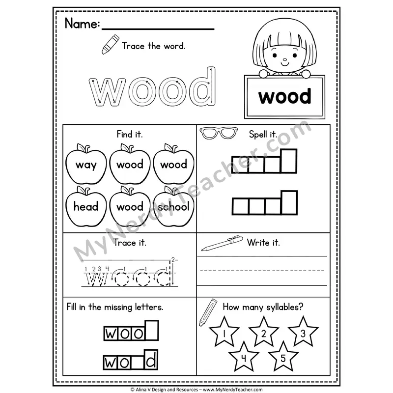 Sight Word Noun Vocabulary Worksheet — Wood
