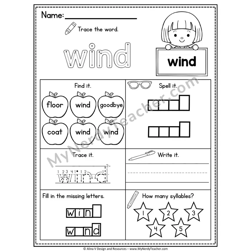 Sight Word Noun Vocabulary Worksheet — Wind