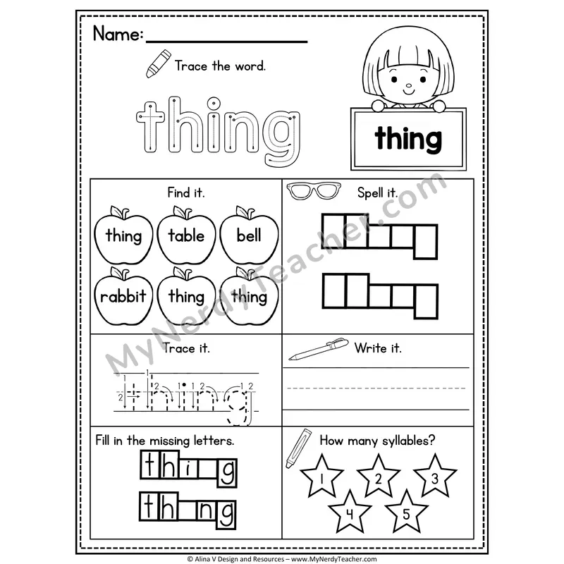 Sight Word Noun Vocabulary Worksheet — Thing