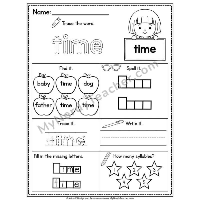 Sight Word Noun Vocabulary Worksheet — Time