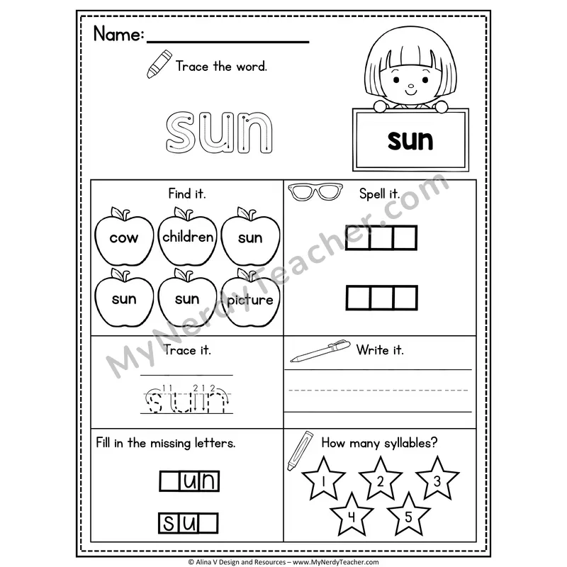 Sight Word Noun Vocabulary Worksheet — Sun