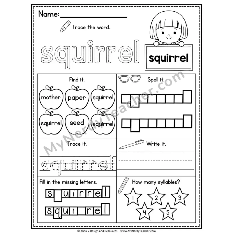 Sight Word Noun Vocabulary Worksheet — Squirrel