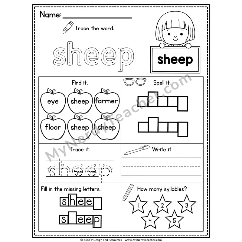 Sight Word Noun Vocabulary Worksheet — Sheep