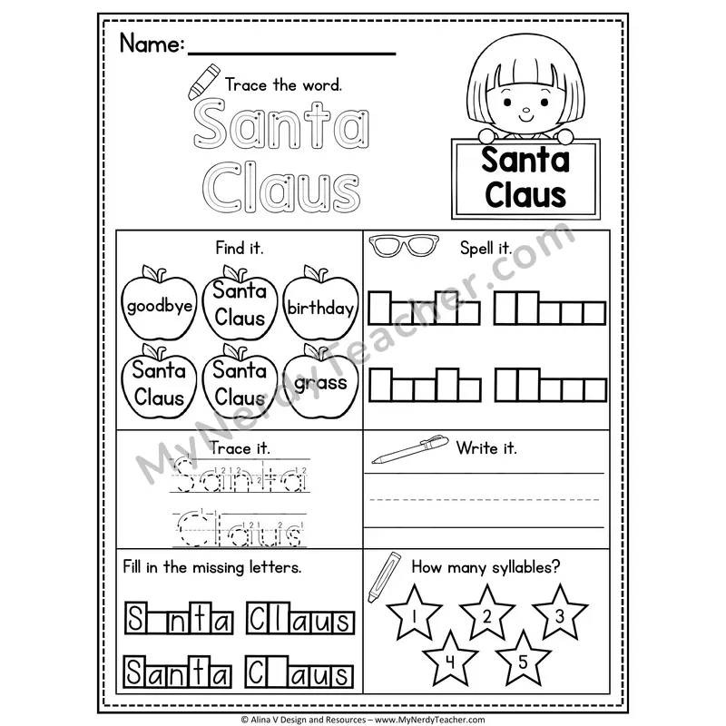 Sight Word Noun Vocabulary Worksheet — Santa Claus